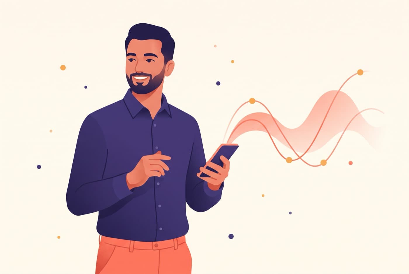 Illustration of a person practising spoken English aloud on their phone